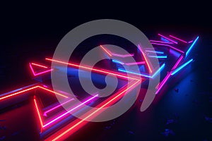 3d render, abstract panoramic red blue pink neon background with arrows showing right direction, Generative AI.