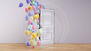 3d render. Abstract party background. Multicolored air balloons and inflatable balls fly out the open door inside the empty room