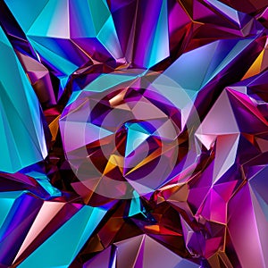 3d render, abstract pink blue polygonal faceted background, crystal structure, crumpled holographic metallic foil texture,