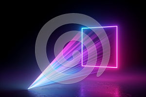 3d render, abstract pink blue projector, neon light over black background. Square geometric shape glowing. Laser show illumination