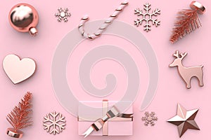 3d render abstract pink metallic glossy-rose gold ribbon gift box snow tree decoration