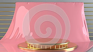 3d render, abstract pink minimal background, clean style. Empty cylinder podium, golden round stage