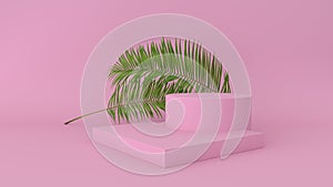 3D render of abstract platform with palm leave. Geometric figures in modern minimal design. Realistic mock up for