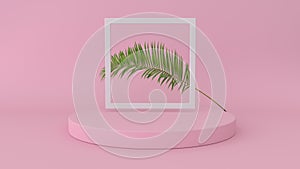 3D render of abstract platform with palm leave. Geometric figures in modern minimal design. Realistic mock up for