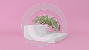 3D render of abstract platform with palm leave. Geometric figures in modern minimal design. Realistic mock up for