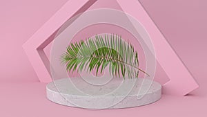 3D render of abstract platform with palm leave. Geometric figures in modern minimal design. Realistic mock up for