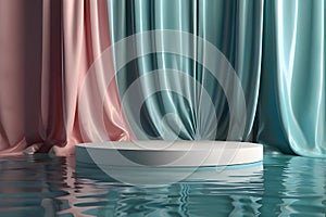 3d render abstract platform podium on water and waving curtains. Realistic pastel mock-up for products promotion. Abstract modern