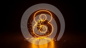 3d render, abstract sparkling linear number eight, glowing digit 8 isolated on black background