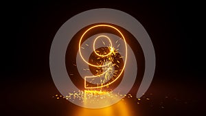 3d render, abstract sparkling linear number nine, glowing digit 9 isolated on black background
