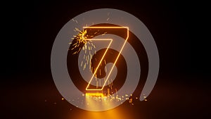 3d render, abstract sparkling linear number seven, glowing digit 7 isolated on black background