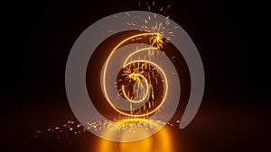 3d render, abstract sparkling linear number six, glowing digit 6 isolated on black background