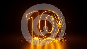 3d render, abstract sparkling linear number ten, glowing digit 10 isolated on black background