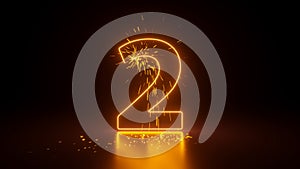3d render, abstract sparkling linear number two, glowing digit 2 isolated on black background