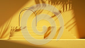 3d render, abstract sunny yellow background with arch, steps, palm leaves shadows and bright sunlight. Minimal showcase scene.