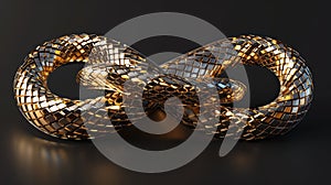 3D render, abstract twisted infinity symbol with metallic dragon scale texture, golden snake, clip art isolated on black