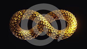 3d render, abstract twisted infinity symbol with shiny metallic dragon scales texture, golden snake, clip art isolated on black