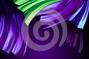 3d render, abstract violet green background, drapery, curtains waving, cloth folds, iridescent silk texture, ripples.