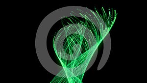 3d render. Abstract vortex of wavy green neon lines in motion, isolated on black background. Unfocussed bokeh lights