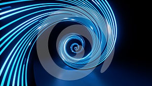 3d render, abstract wallpaper of blue spiral vortex. Hypnotic neon lines. Streaming energy. Particles moving and leaving glowing