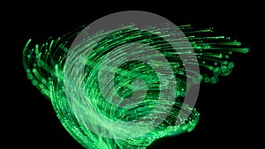 3d render, abstract wallpaper. Digital data transfer. Green glowing lines over black background. Streaming energy. Particles