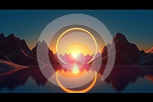 3d render. Abstract wallpaper with sunset or sunrise and round geometric shape. Mystic landscape with mountains, Generative AI.