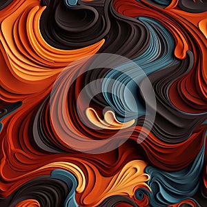 3d render, abstract wavy background with orange, black and blue stripes. Generative AI