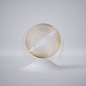 3d render, abstract white background, modern minimal concept, clean style. Round golden cage, gold sphere, ball