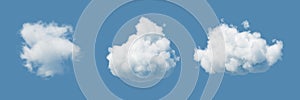 3d render. Abstract white clouds isolated on blue background. Weather forecast symbol. Cumulus clip art. Sky design elements set.