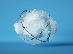 3d render, Abstract white fluffy cloud wrapped with barbwire, isolated on blue background.