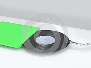 3d render abstract white scene vinyl disc-record with green blank cover-box packaging minimal cartoon style music technology conce