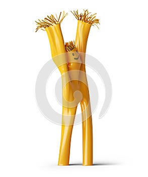 3d render, abstract yellow cartoon character. Funny buddy with flexible yellow body standing with hands up, clip art isolated on