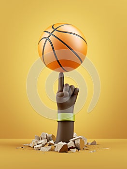 3d render, african cartoon character dark skin tone hand spins ball on a finger, isolated on yellow background. Basketball player