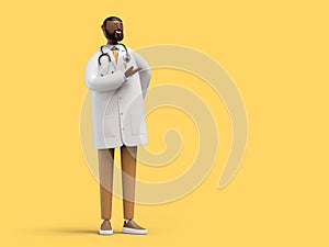 3d render. African cartoon character doctor standing and giving recommendation. Medical clip art isolated on yellow background.