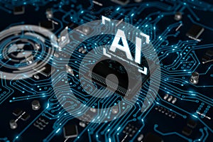 3D render AI artificial intelligence technology CPU central processor unit chipset on the printed circuit board for electronic and