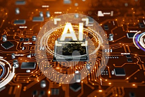 3D render AI artificial intelligence technology CPU central processor unit chipset on the printed circuit board for electronic and