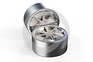 3D render of aluminium car wheel and black brake disc isolated on white background