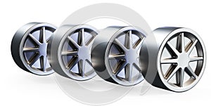 3D render of aluminium car wheel and black brake disc isolated on white background