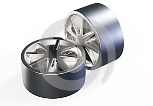3D render of aluminium car wheel and black brake disc isolated on white background