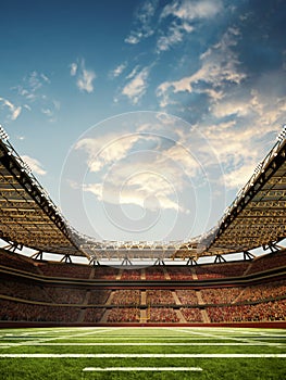 3D render of American football stadium, open air arena with blurred tribune with fans and blue sky above. Outdoor