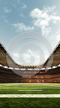 3D render of American football stadium, open air arena with blurred tribune with fans and blue sky above. Outdoor