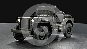 3D render of an American Willys jeep. Game industry. Gamedev