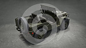 3D render of an American Willys jeep. Game industry. Gamedev