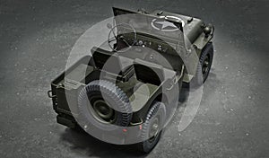 3D render of an American Willys jeep. Game industry. Gamedev