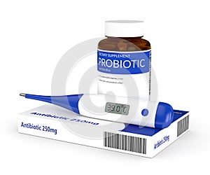 3d render of antibiotic and probiotic pills with thermometer