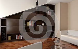 3d render of apartment living room with bookcase