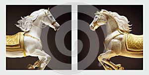 3d render Arabian white, golden horse wearing gold armor. Portrait for wall decor