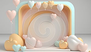 3d render of arch with balloons and hearts in pastel colors