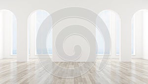 3d render of arch window and wooden floor