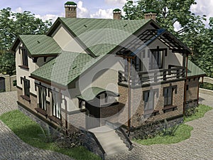 3d render of an architectural project of a country house in the forest. Country house with a green roof