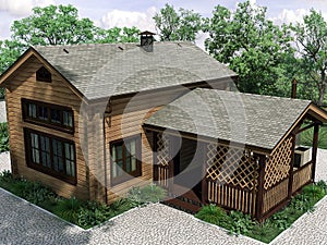 3d render of an architectural project of a wooden house from a log house in the forest